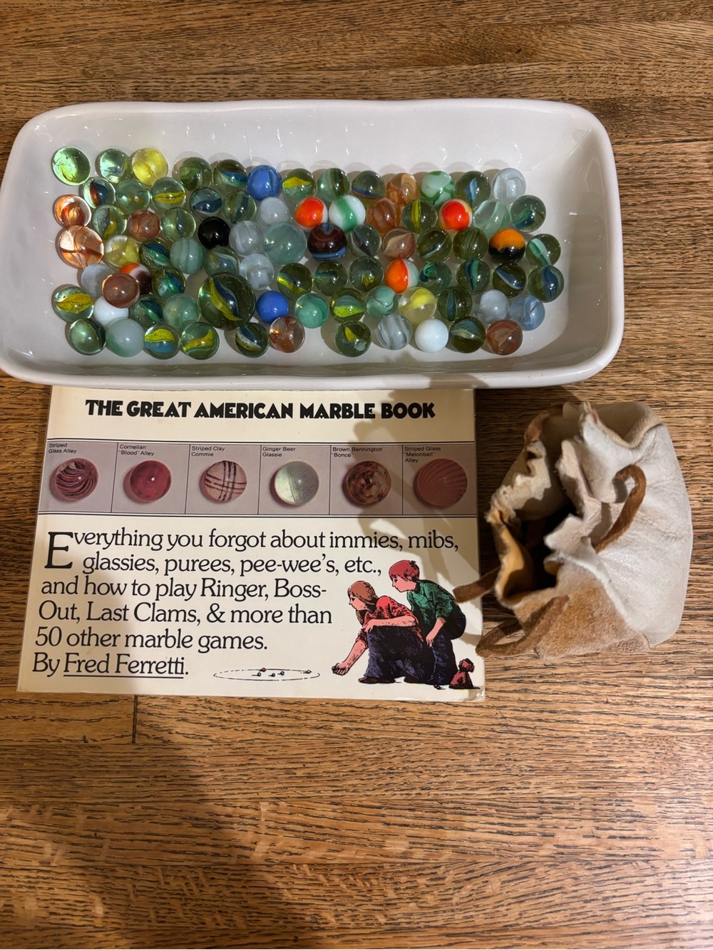 Vintage Multicolor Glass Marbles (82) w/Leather/Suede Pouch & Marble Games Book